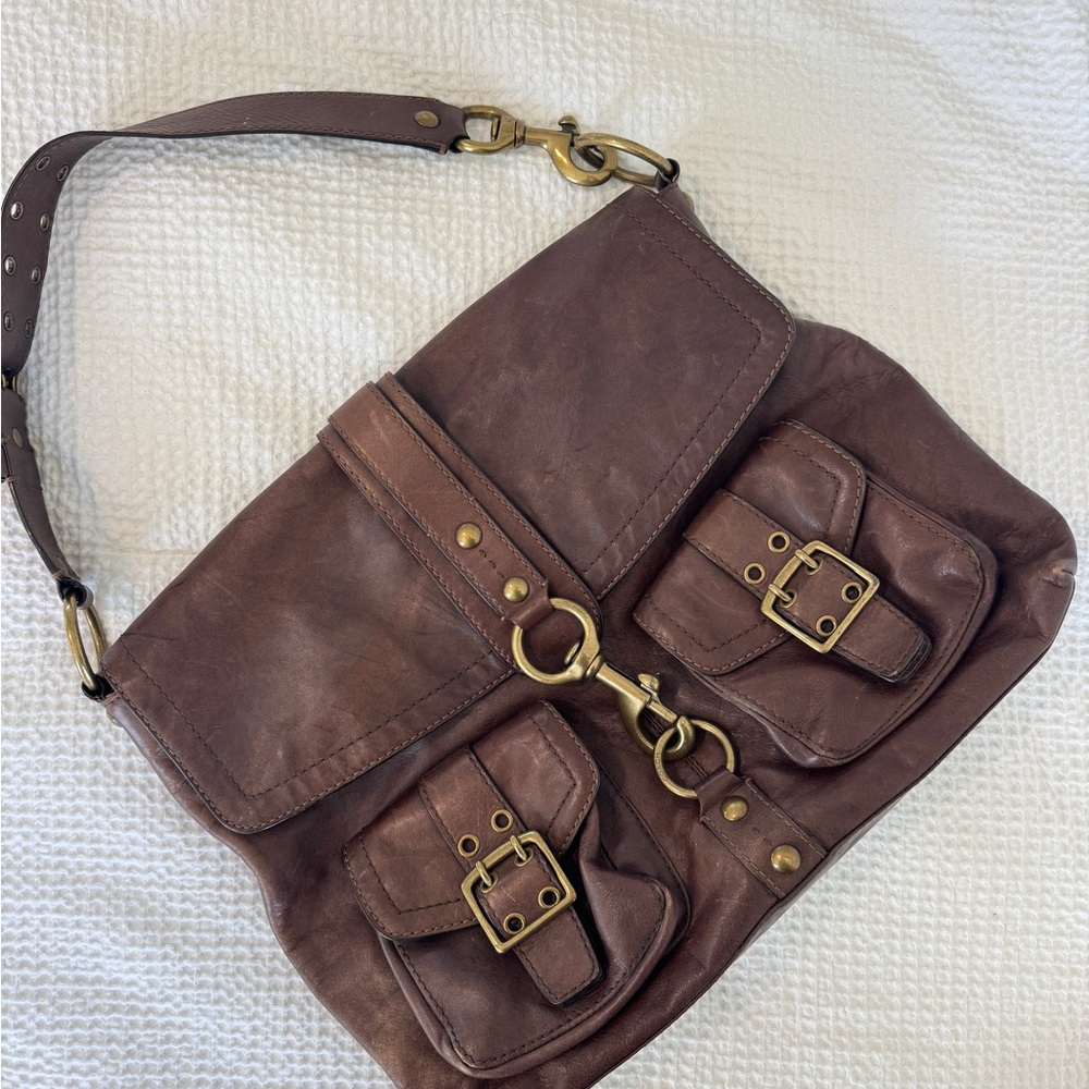 Leather Shoulder Bag in Brown - Classic Buckle Detail